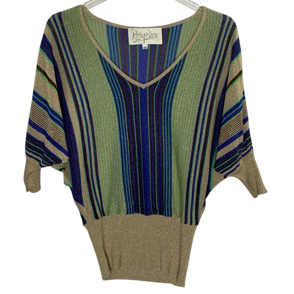 Rory Beca S Womens Metallic Striped Dolman V Neck Sweater Retro